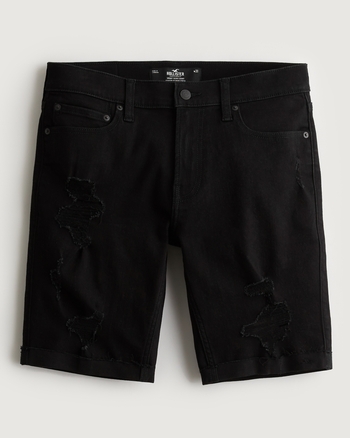 Men s Ripped Black No Fade Skinny Denim Shorts 9