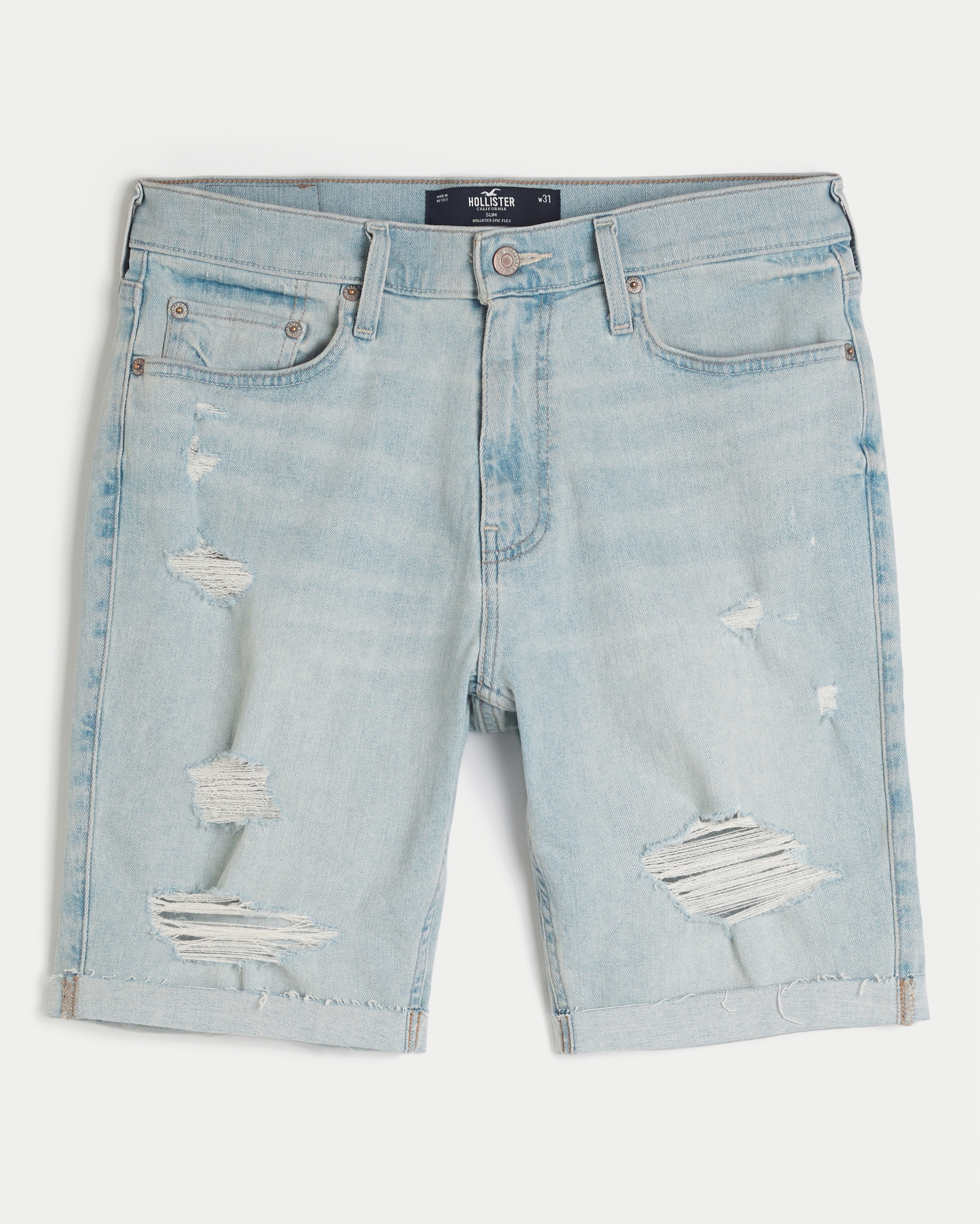 Ripped Light Wash Slim Denim Shorts 9"