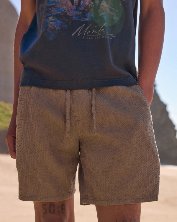 Textured Cotton Pull-On Shorts, Dark Brown