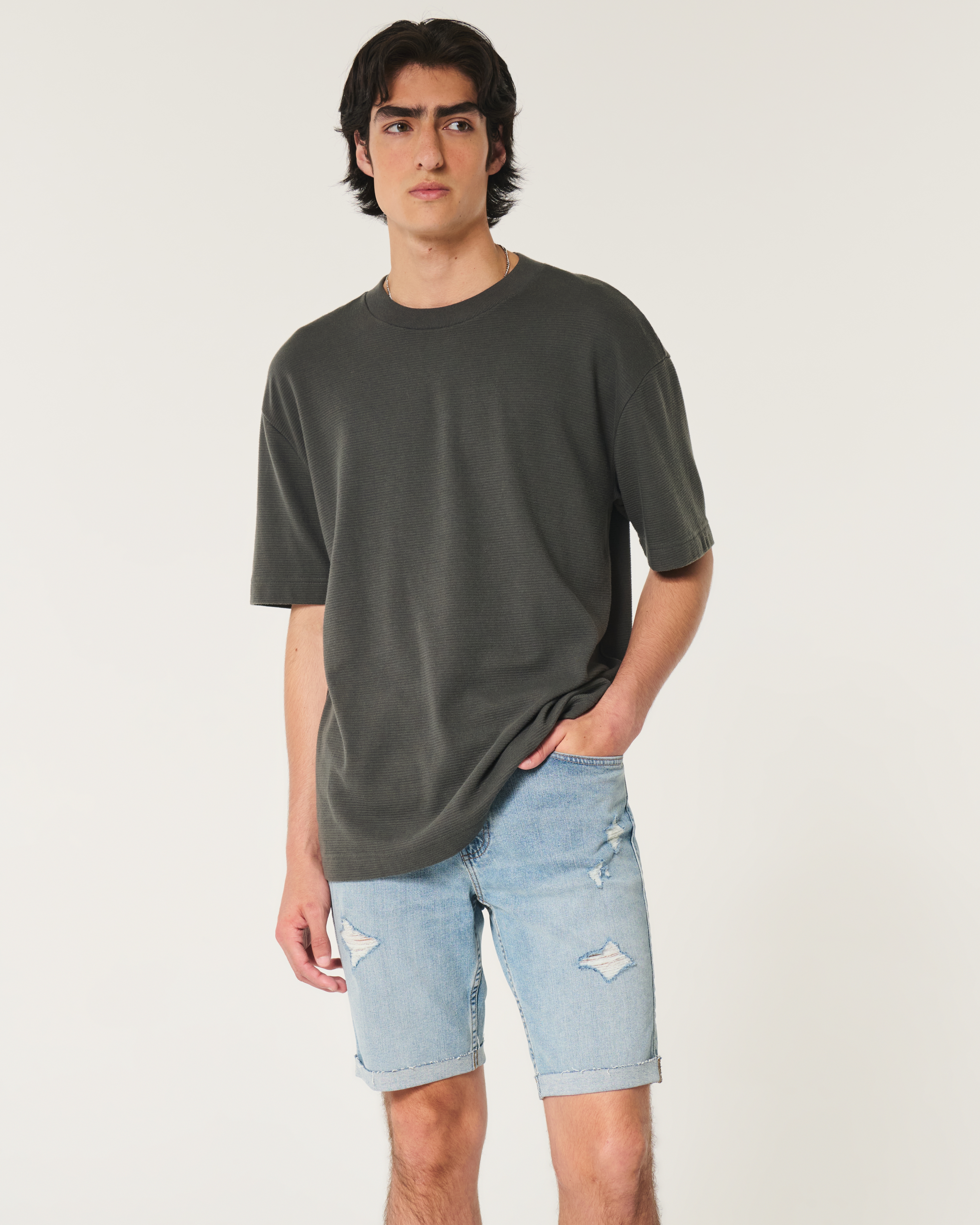 Ripped Medium Wash Slim Denim Shorts 9"