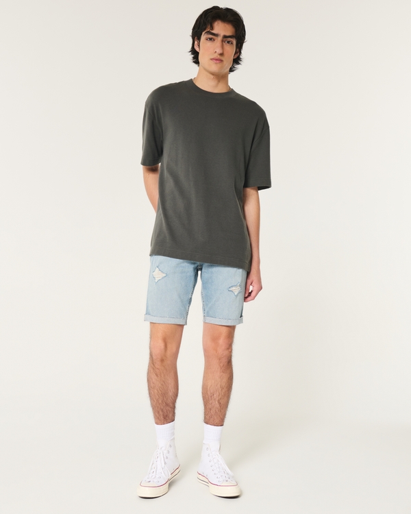 Ripped Medium Wash Slim Denim Shorts 9", Light Destroy view 2