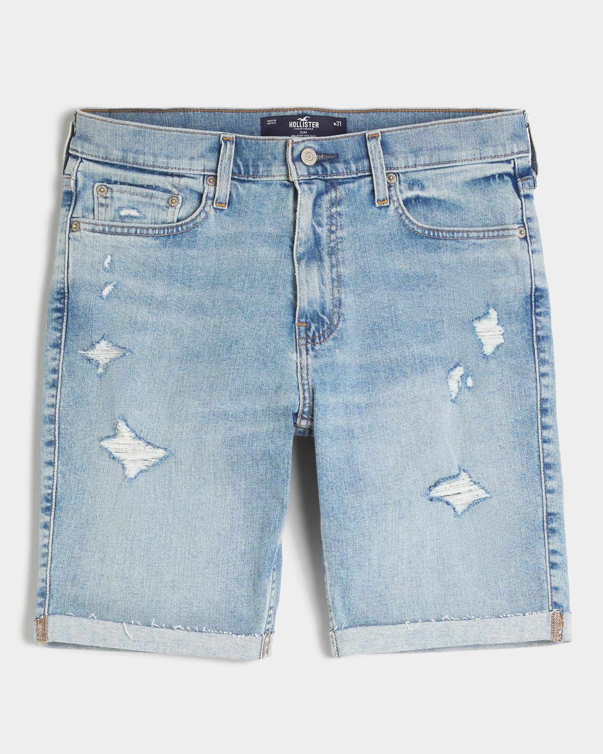 Ripped Medium Wash Slim Denim Shorts 9"