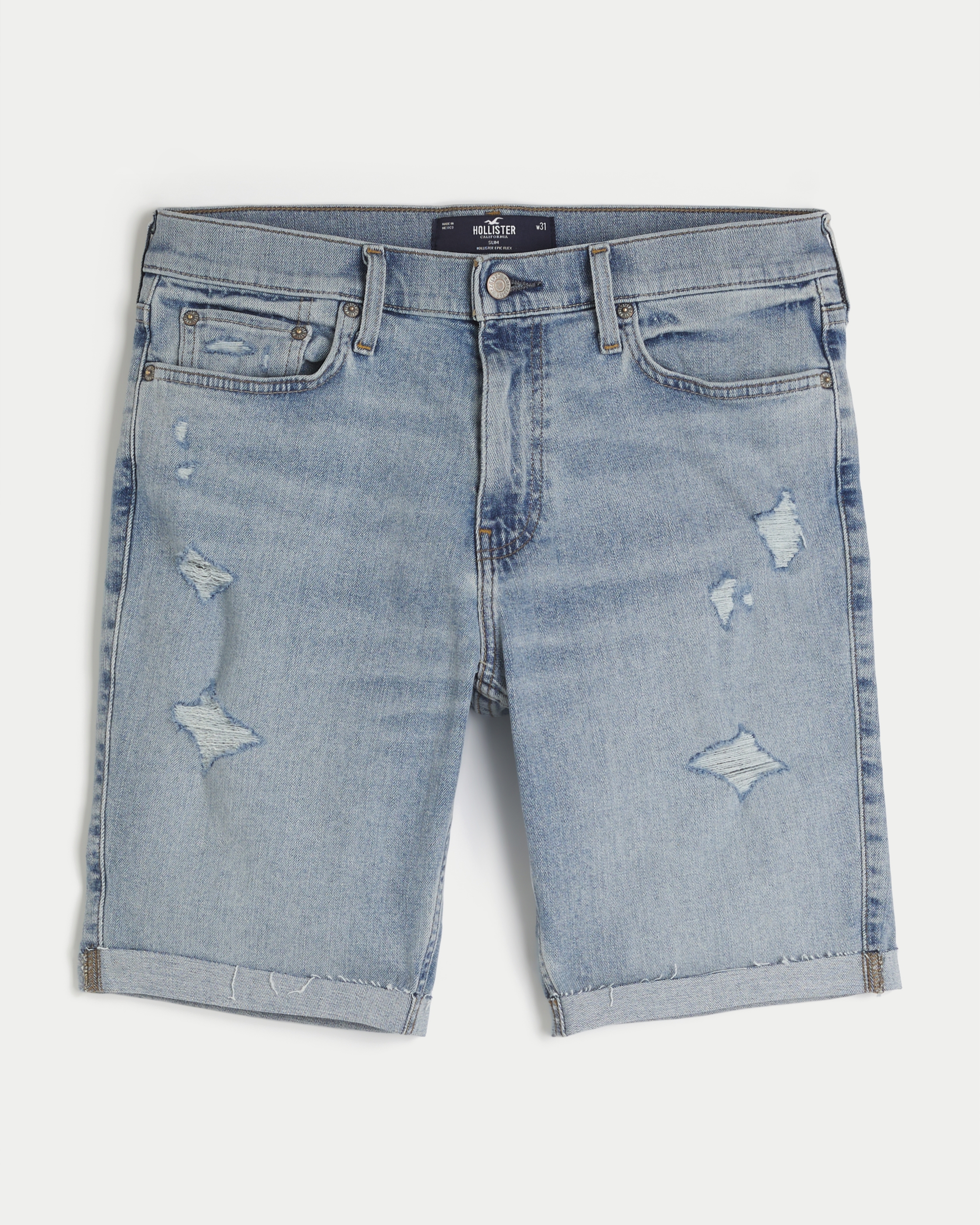 Ripped Medium Wash Slim Denim Shorts 9"