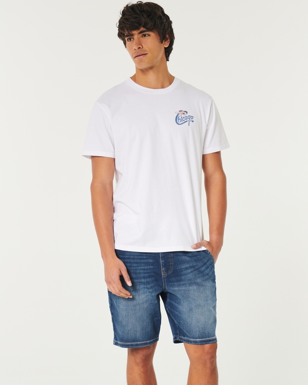 Just Like Knit Above-the-Knee Denim Jogger Shorts, Bright Dark Wash view 1
