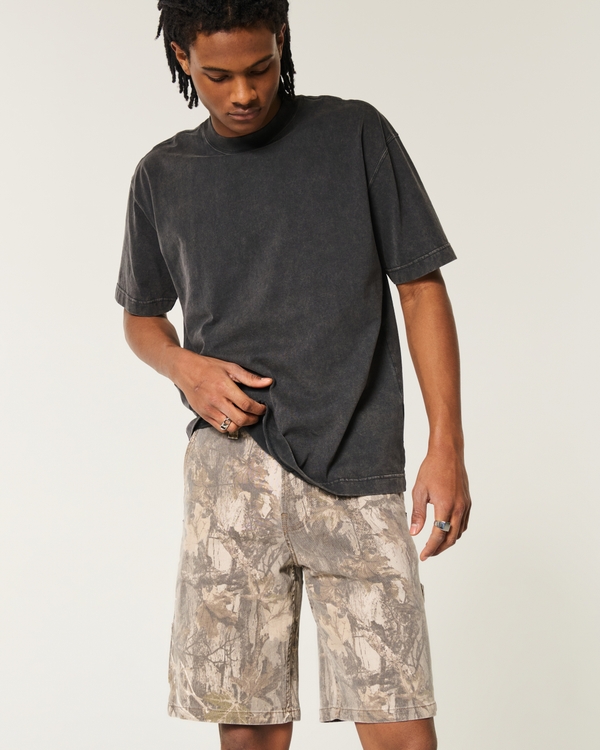 Camo Baggy Denim Painter Shorts, Green Camo