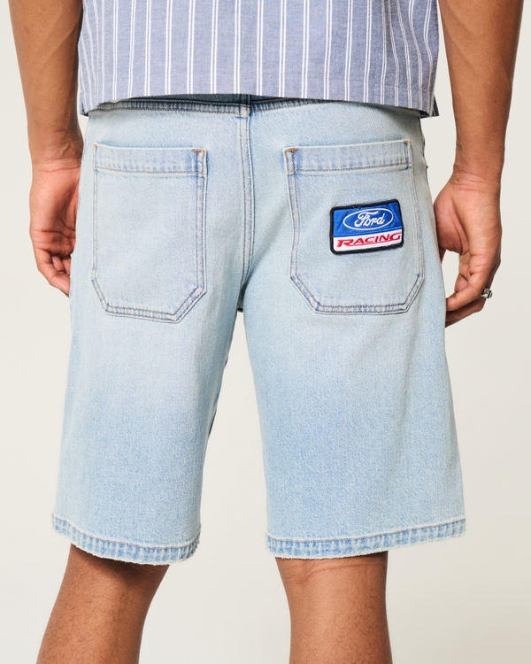 Light Wash Ford Racing Patch Baggy Denim Shorts, Light