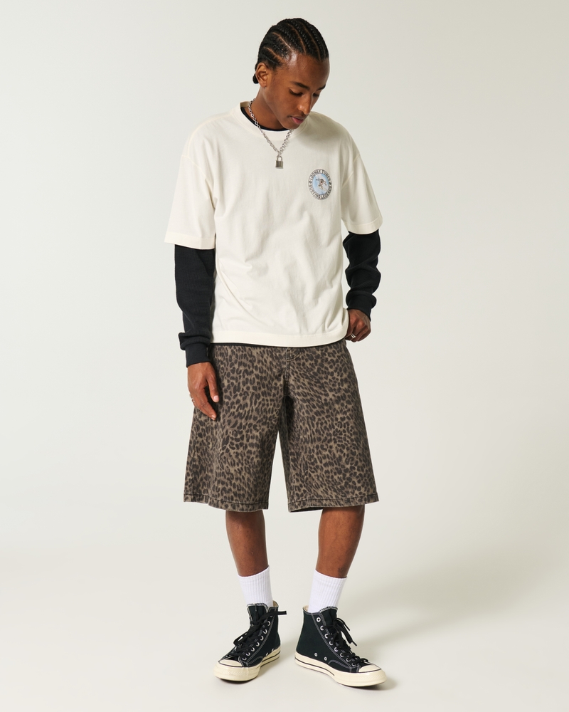Leopard Print Super Baggy Denim Shorts