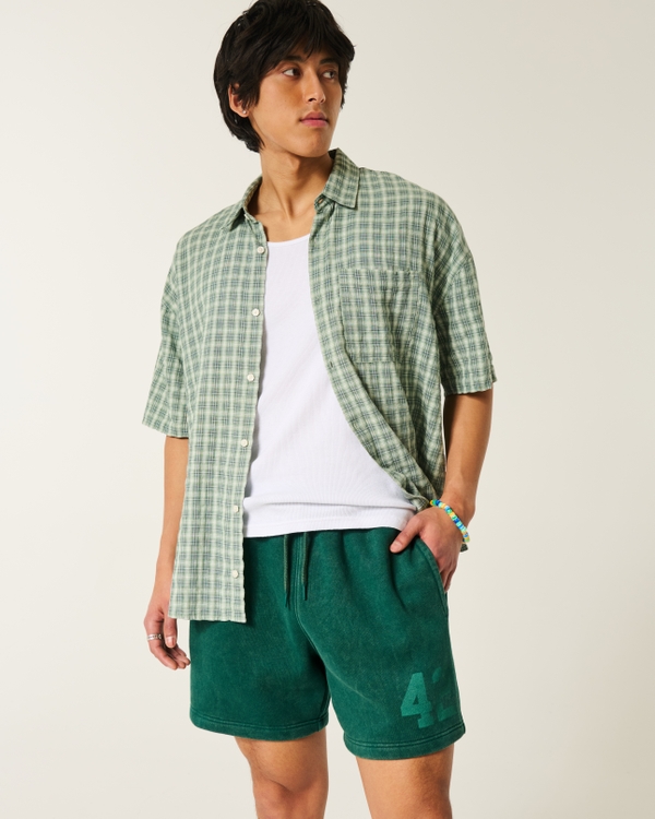 Mid-Thigh Graphic Loose Fleece Shorts, Washed Dark Green view 1