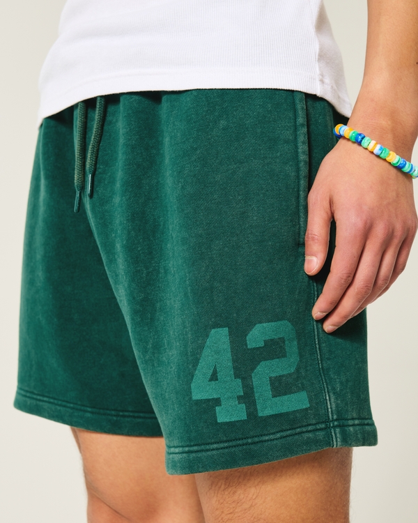 Mid-Thigh Graphic Loose Fleece Shorts, Washed Dark Green view 2