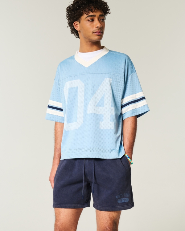 Mid-Thigh Graphic Loose Fleece Shorts, Navy Blue view 1