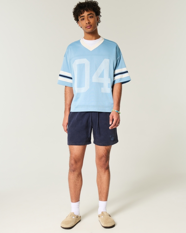 Mid-Thigh Graphic Loose Fleece Shorts, Navy Blue view 2
