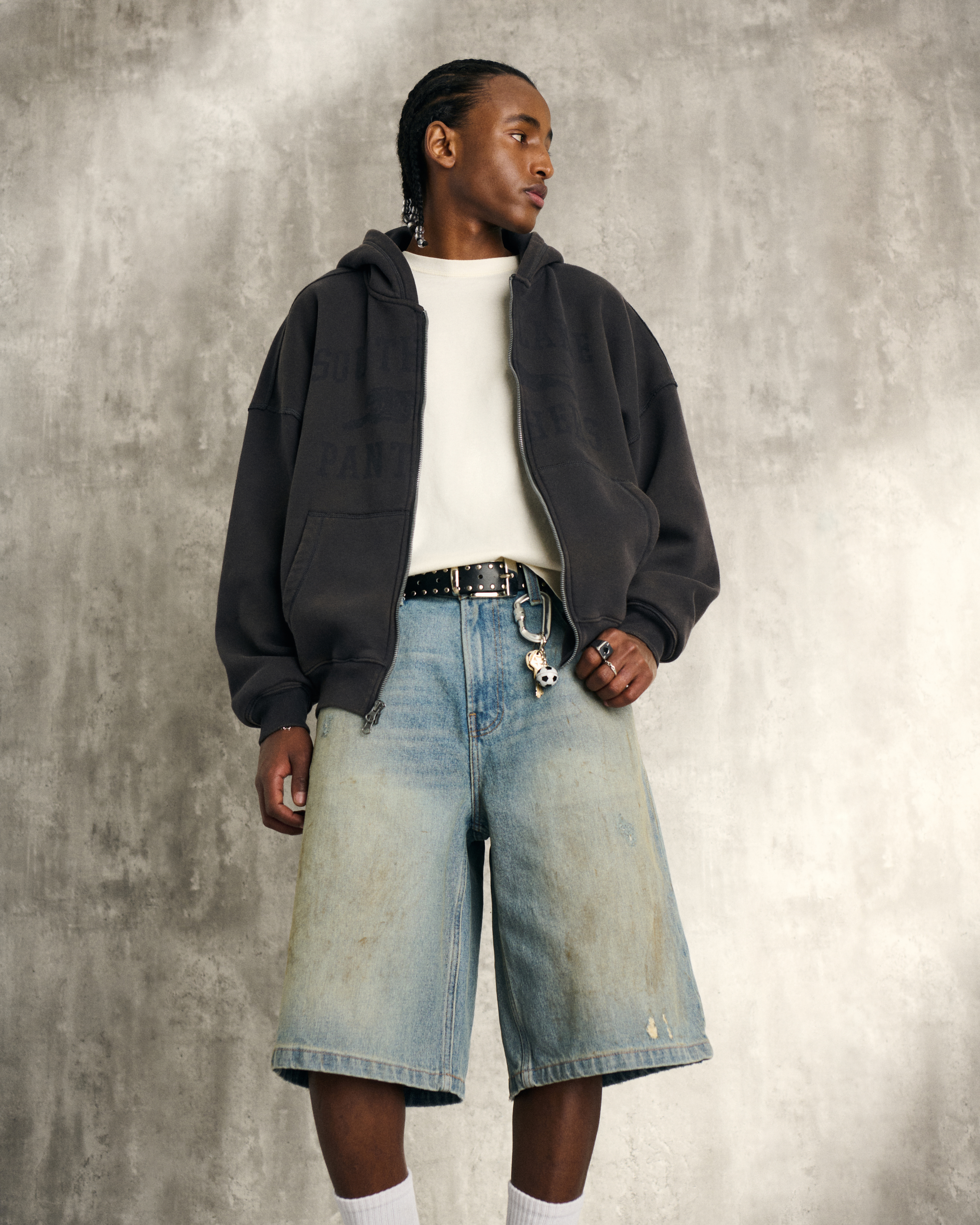 Hollister Greased Medium Wash Super Baggy Denim Shorts at