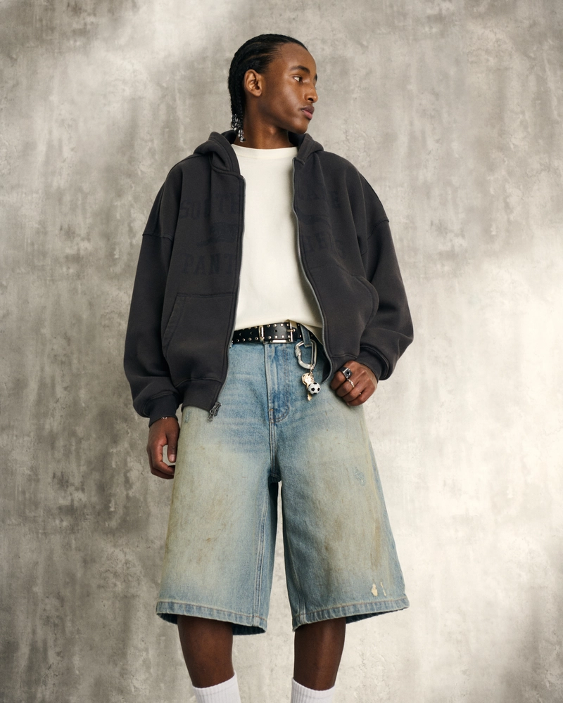 Greased Medium Wash Super Baggy Denim Shorts