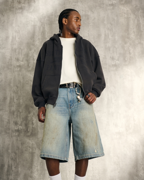 Men's Greased Medium Wash Super Baggy Denim Shorts | Men's Sale