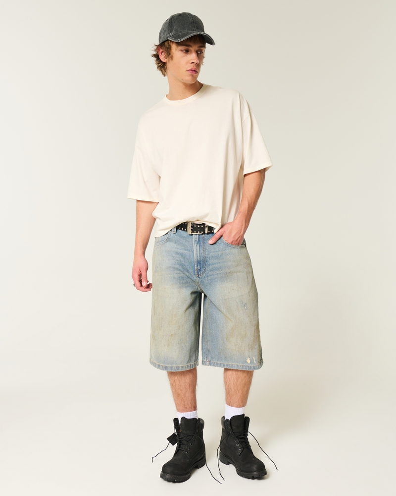 Greased Medium Wash Super Baggy Denim Shorts