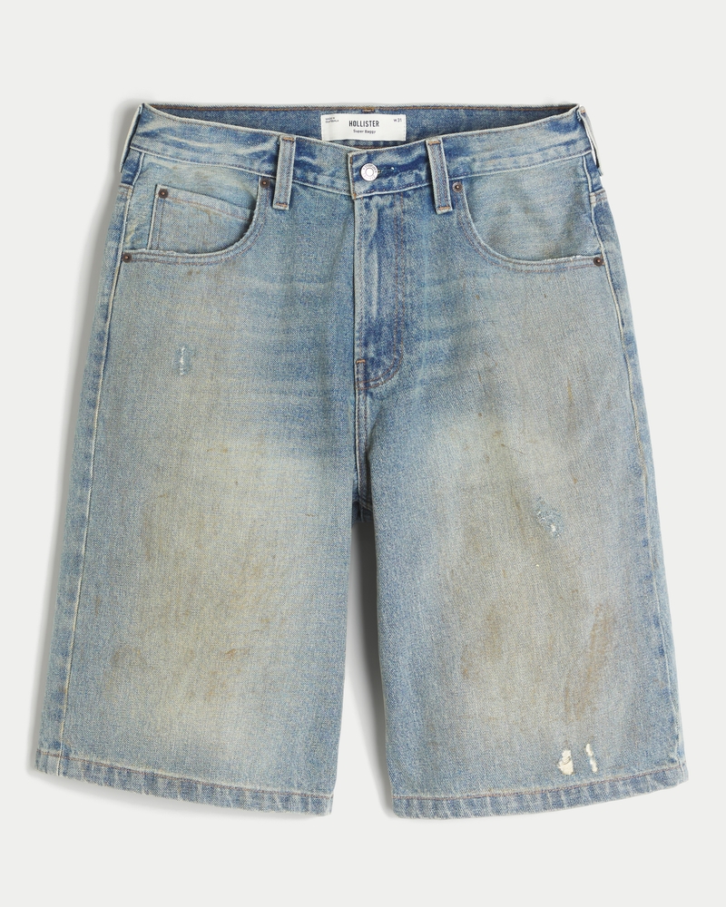 Men's Greased Medium Wash Super Baggy Denim Shorts | Men's