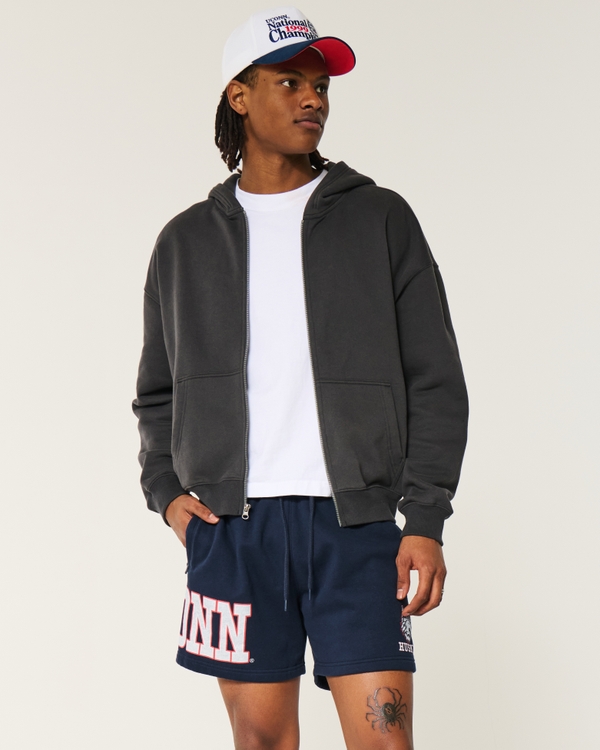 Mid-Thigh Fleece UConn Huskies Graphic Shorts, Navy Blue view 1
