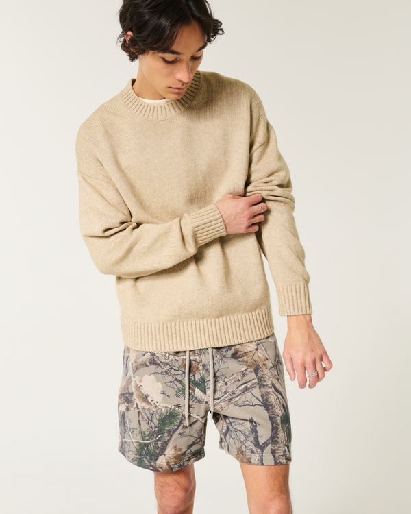 Mid-Thigh Camo Loose Fleece Shorts, Light Brown Camo view 1