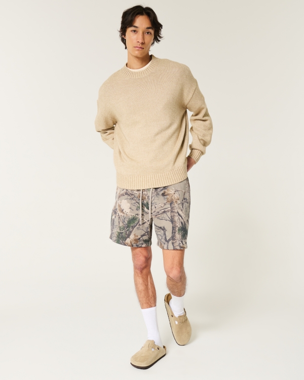 Mid-Thigh Camo Loose Fleece Shorts, Light Brown Camo view 2