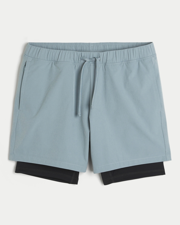 Mid-Thigh Hybrid Active Shorts, Teal Gray view 1