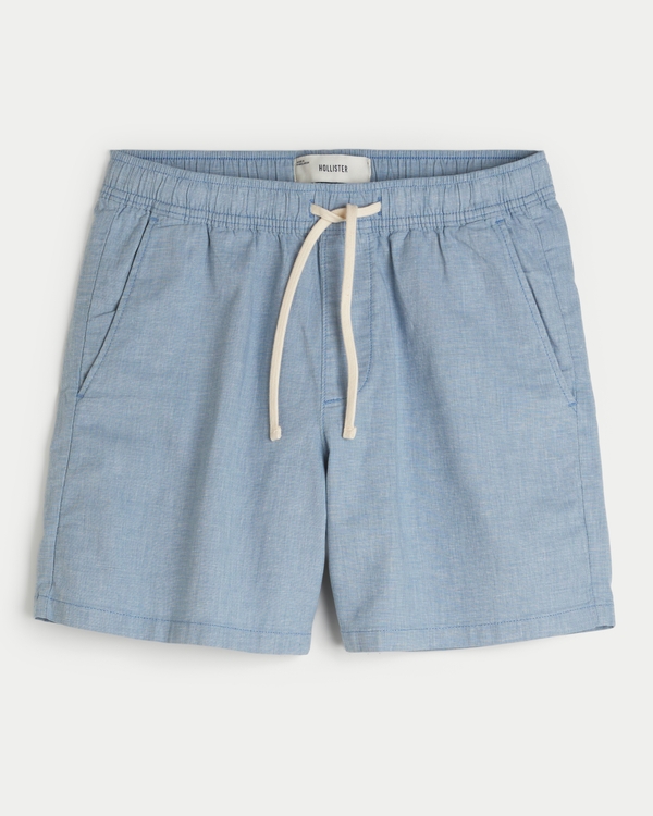 Mid-Thigh Linen-Blend Pull-On Shorts, Light Heather Blue view 1