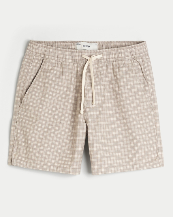 Mid-Thigh Linen-Blend Pull-On Shorts, Tan Check view 1