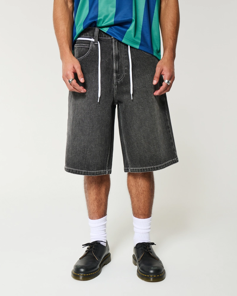 Below-the-Knee Washed Black Super Baggy Denim Shorts
