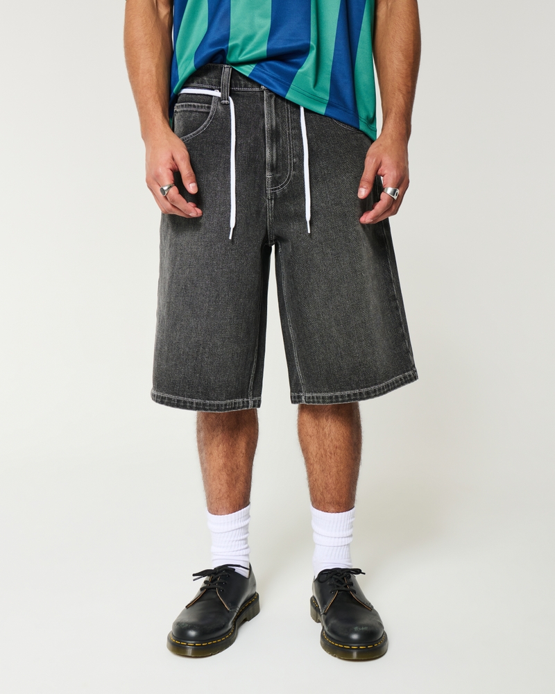 Below-the-Knee Washed Black Super Baggy Denim Shorts