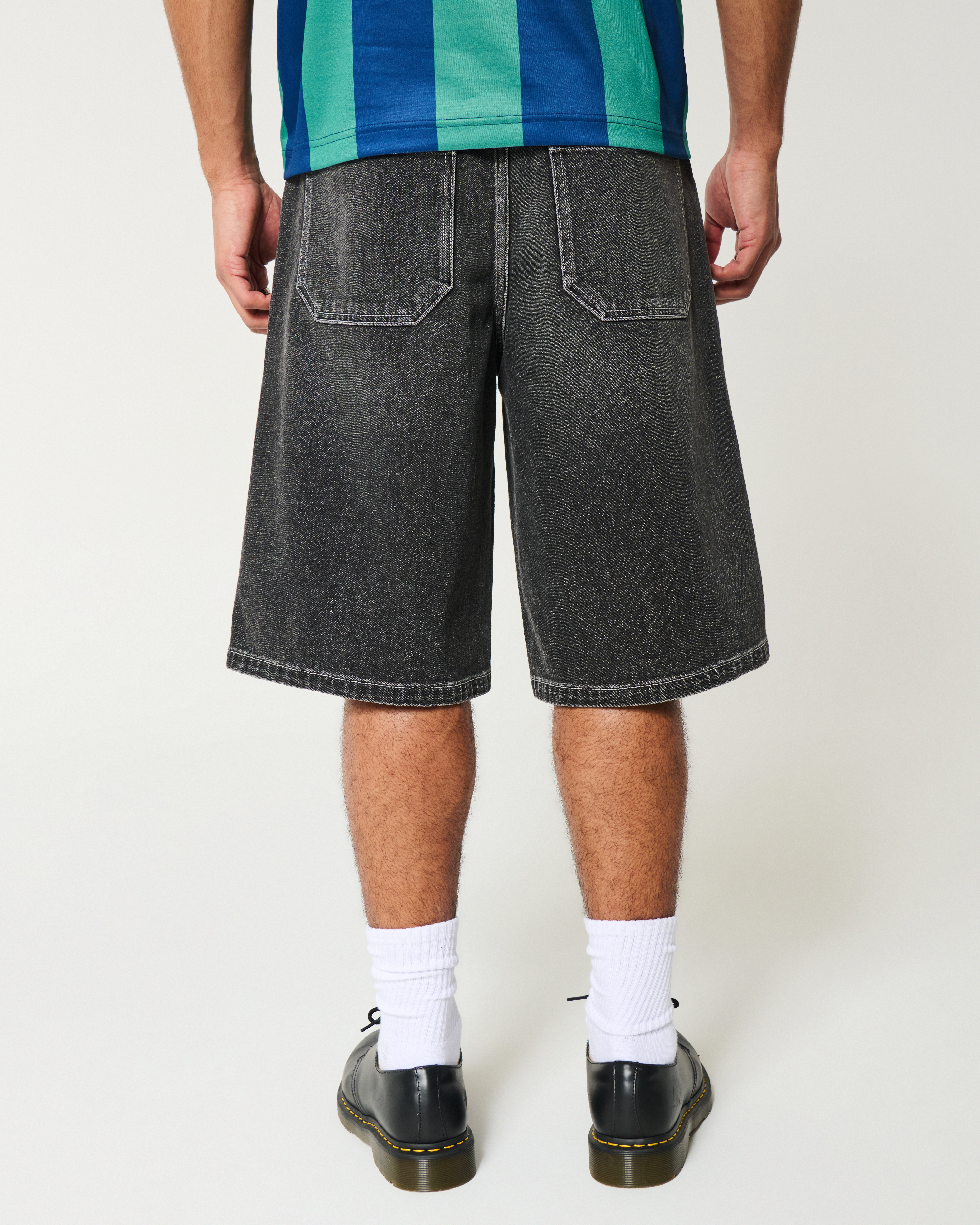 Below-the-Knee Washed Black Super Baggy Denim Shorts