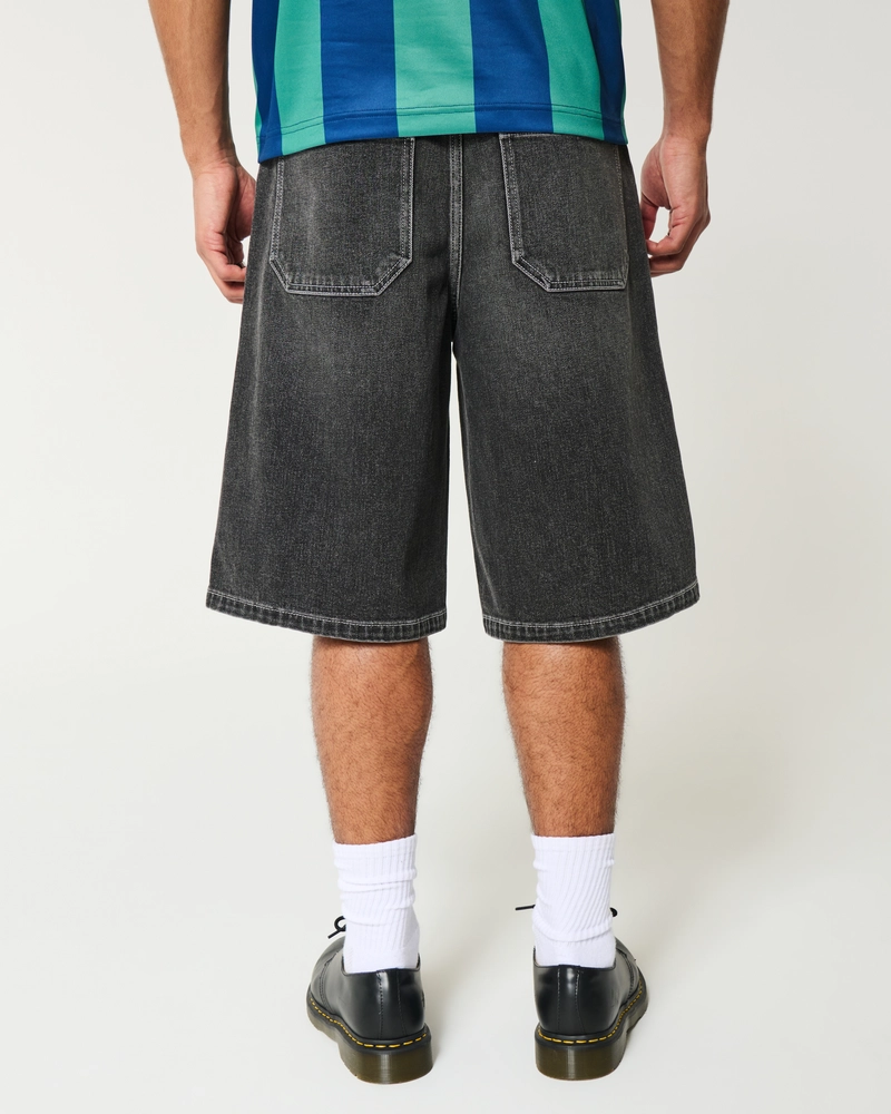 Below-the-Knee Washed Black Super Baggy Denim Shorts