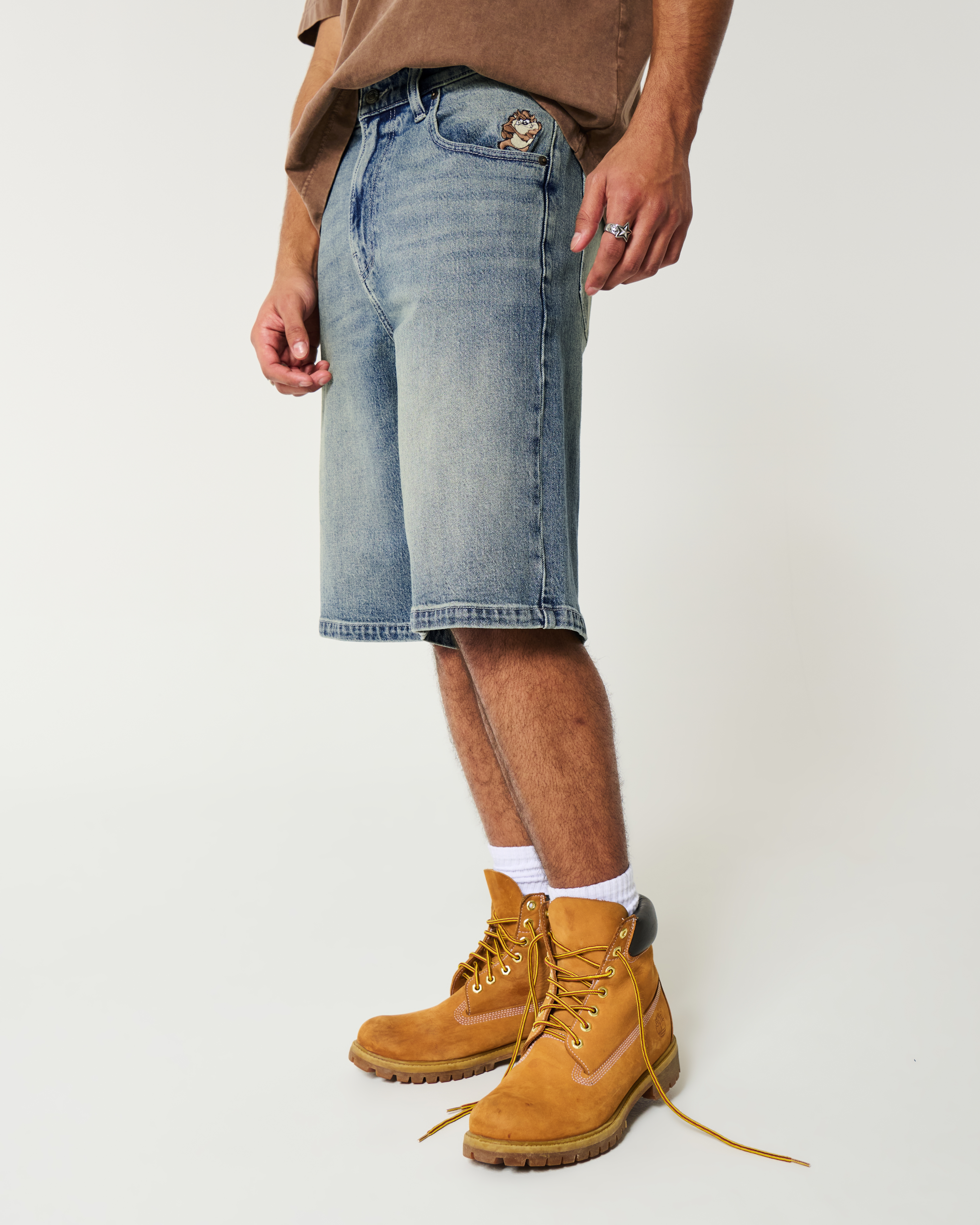 Hollister Taz Graphic Medium Wash Super Baggy Denim Shorts