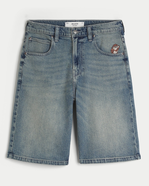 Taz Graphic Medium Wash Super Baggy Denim Shorts, Medium view 1