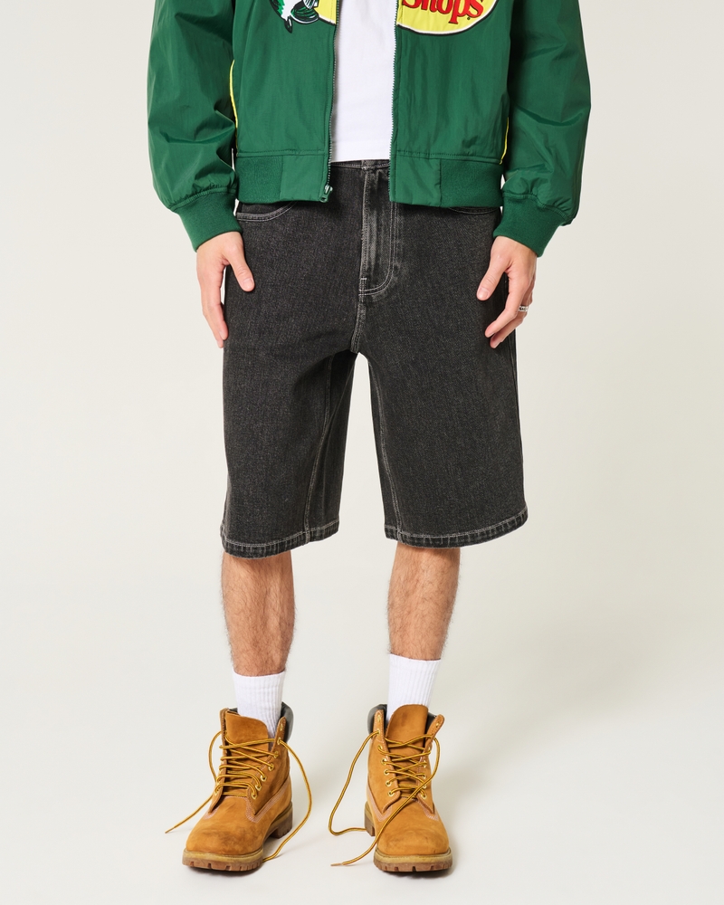 Washed Black Cat Graphic Super Baggy Denim Shorts
