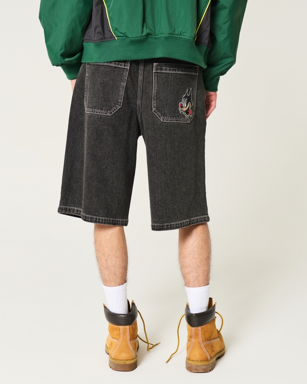Washed Black Cat Graphic Super Baggy Denim Shorts