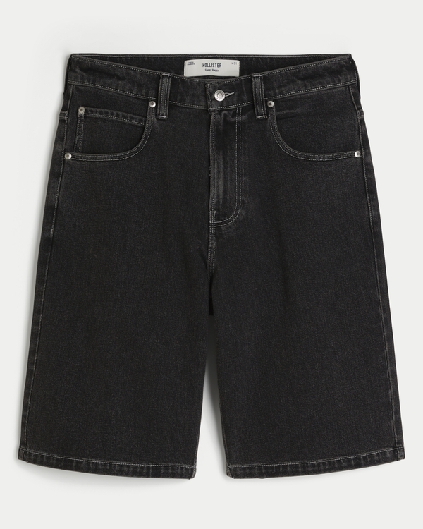 Washed Black Cat Graphic Super Baggy Denim Shorts, Washed Black view 1