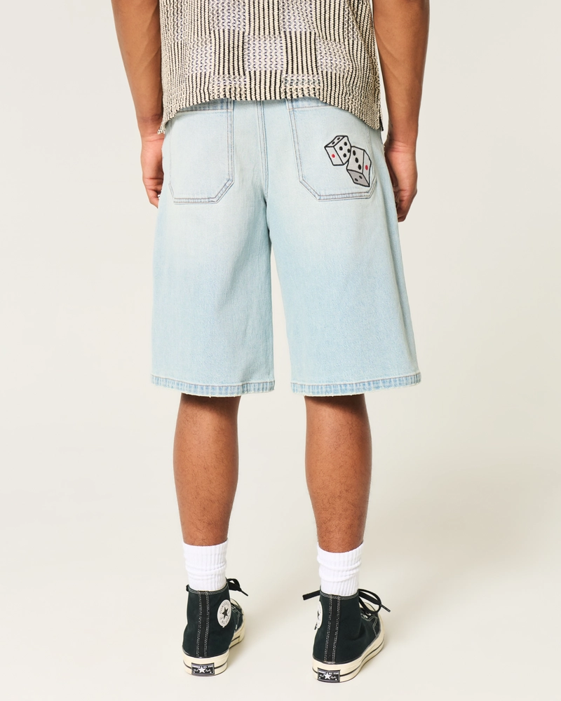 Light Wash Dice Graphic Super Baggy Denim Shorts