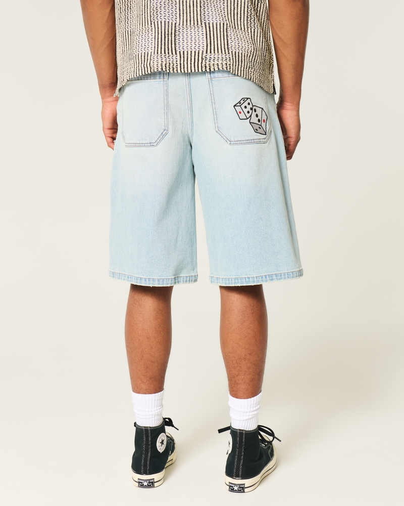 Light Wash Dice Graphic Super Baggy Denim Shorts