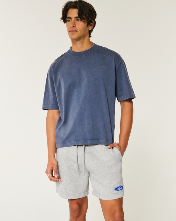 Hollister Feel Good Fleece Mid-Thigh Ford Graphic Shorts, Heather Gray view 1