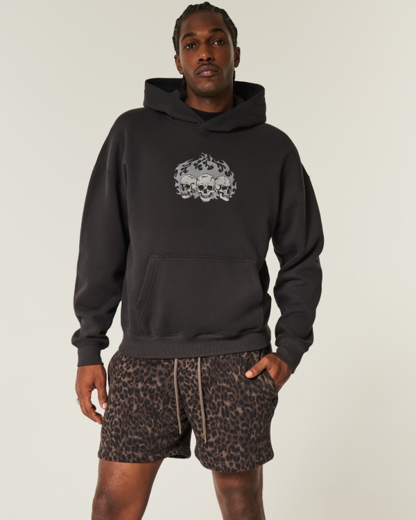 Mid-Thigh Loose Fleece Shorts, Dark Brown Print view 1