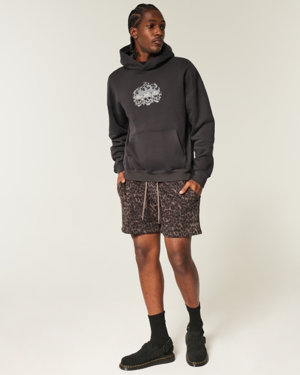 Mid-Thigh Loose Fleece Shorts, Dark Brown Print view 2