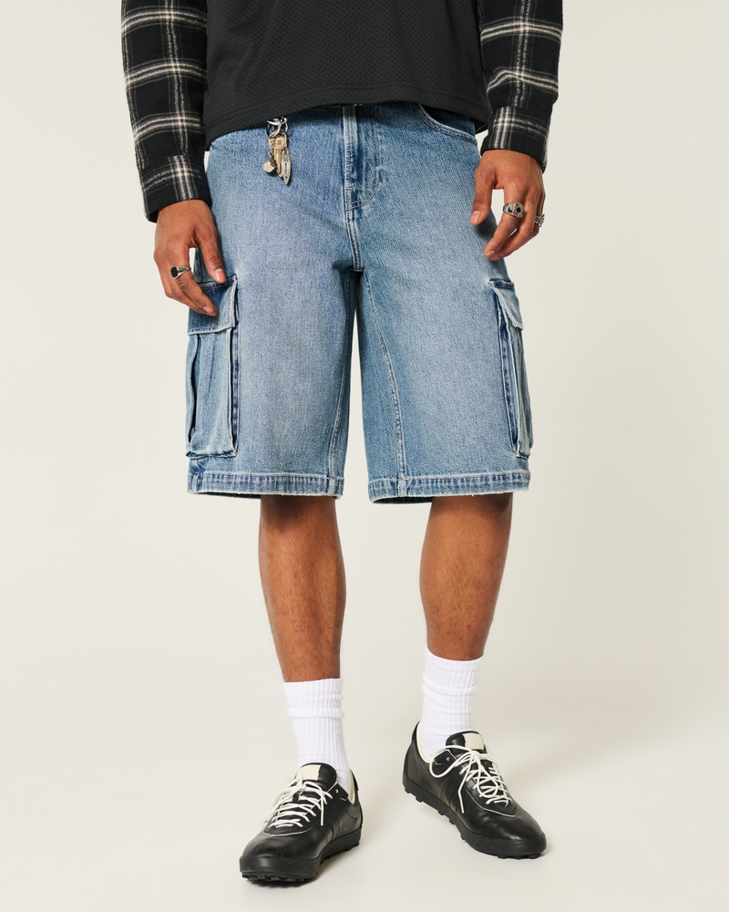 Medium Wash Super Baggy Denim Cargo Shorts