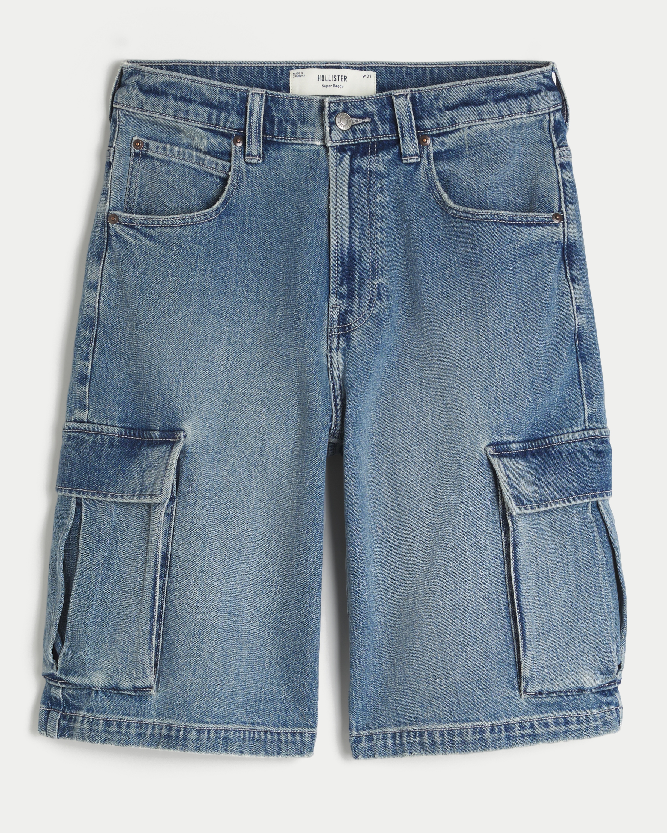 Medium Wash Super Baggy Denim Cargo Shorts