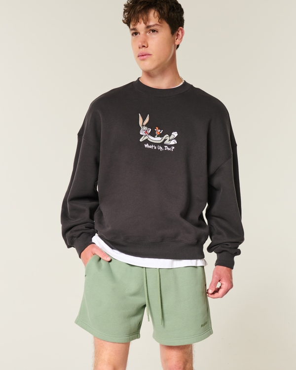Mid-Thigh Loose Fleece Shorts, Faded Green view 1