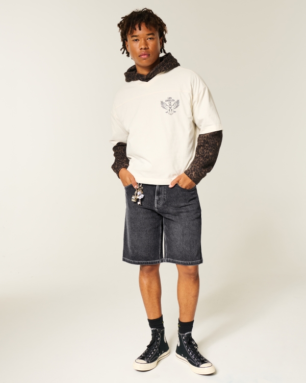 Baggy Denim Shorts, Washed Black view 2