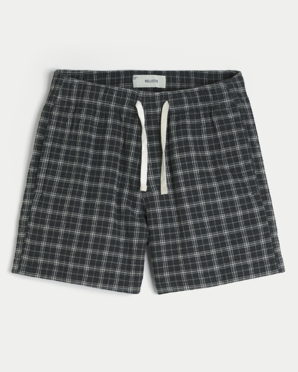 Mid-Thigh Seersucker Pull-On Shorts, Black Plaid view 1
