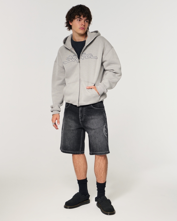 Double-Graphic Baggy Denim Shorts, Washed Black view 1