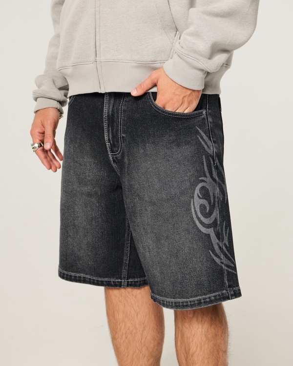 Double-Graphic Baggy Denim Shorts, Washed Black view 2