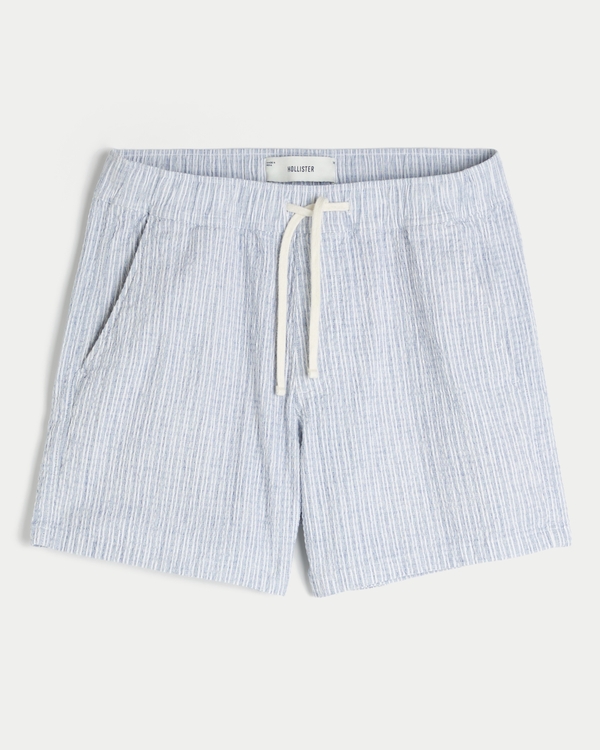 Mid-Thigh Linen-Blend Seersucker Shorts, Navy Stripe view 1