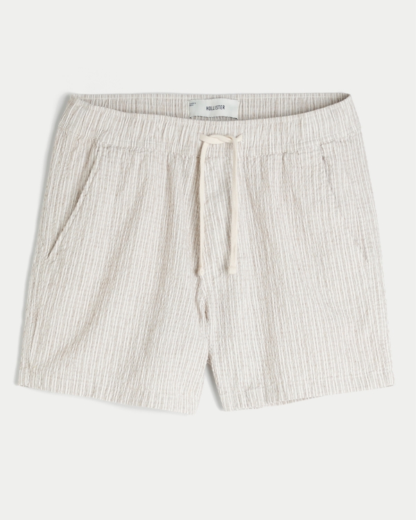 Mid-Thigh Linen-Blend Seersucker Shorts, Tan Stripe view 1