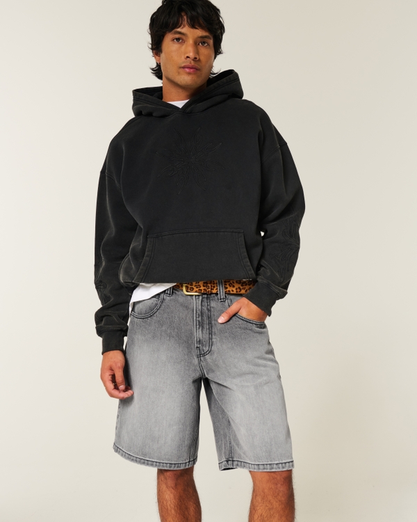 Baggy Denim Shorts, Washed Dark Gray view 1